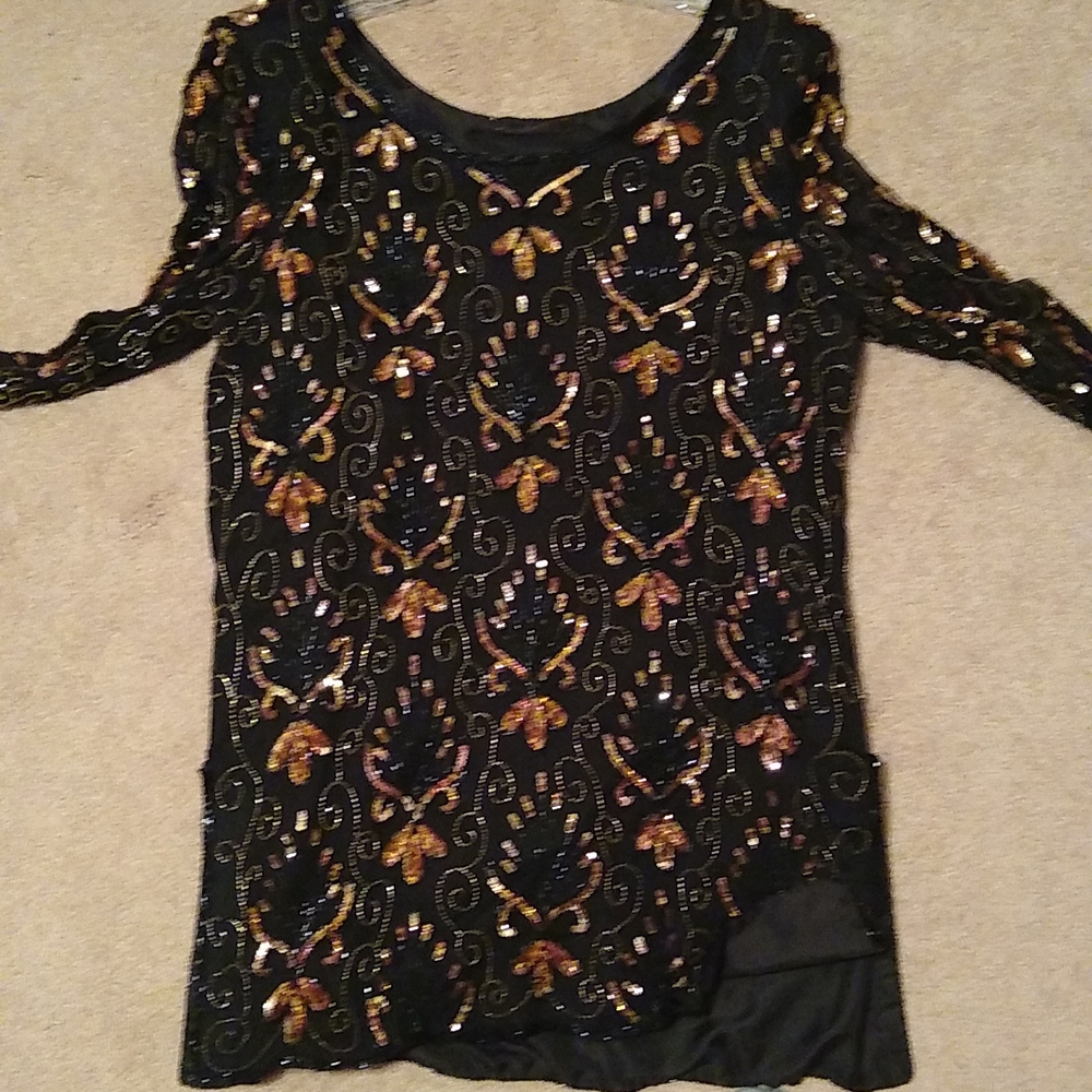 Black Gold bronze sequins silk fancy blouse Long Sleeve Party XL - Picture 6 of 6